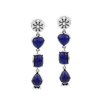 Sterling Silver Lapis Gemstone Heart, Rectangle and Pear Concha Post Dangle Earrings 