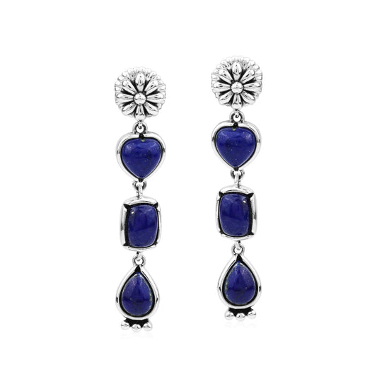 Sterling Silver Lapis Gemstone Heart, Rectangle and Pear Concha Post Dangle Earrings 