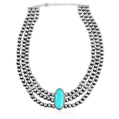 Sterling Silver Kingman Turquoise Oval Cut Triple-Row Beaded Necklace, 17 to 20 Inches