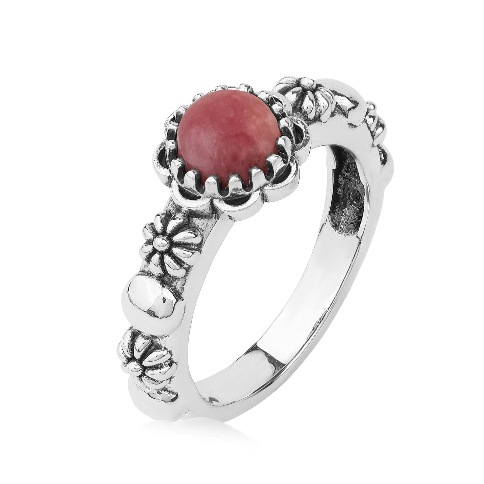  Sterling Silver Rhodonite Single Row Concha Flower Ring