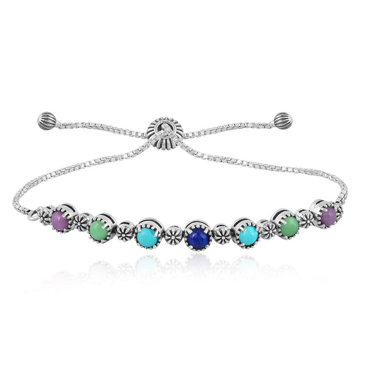 Sterling Silver Phosphosiderite, Turquoise, Variscite and Lapis Adjustable Friendship Bracelet