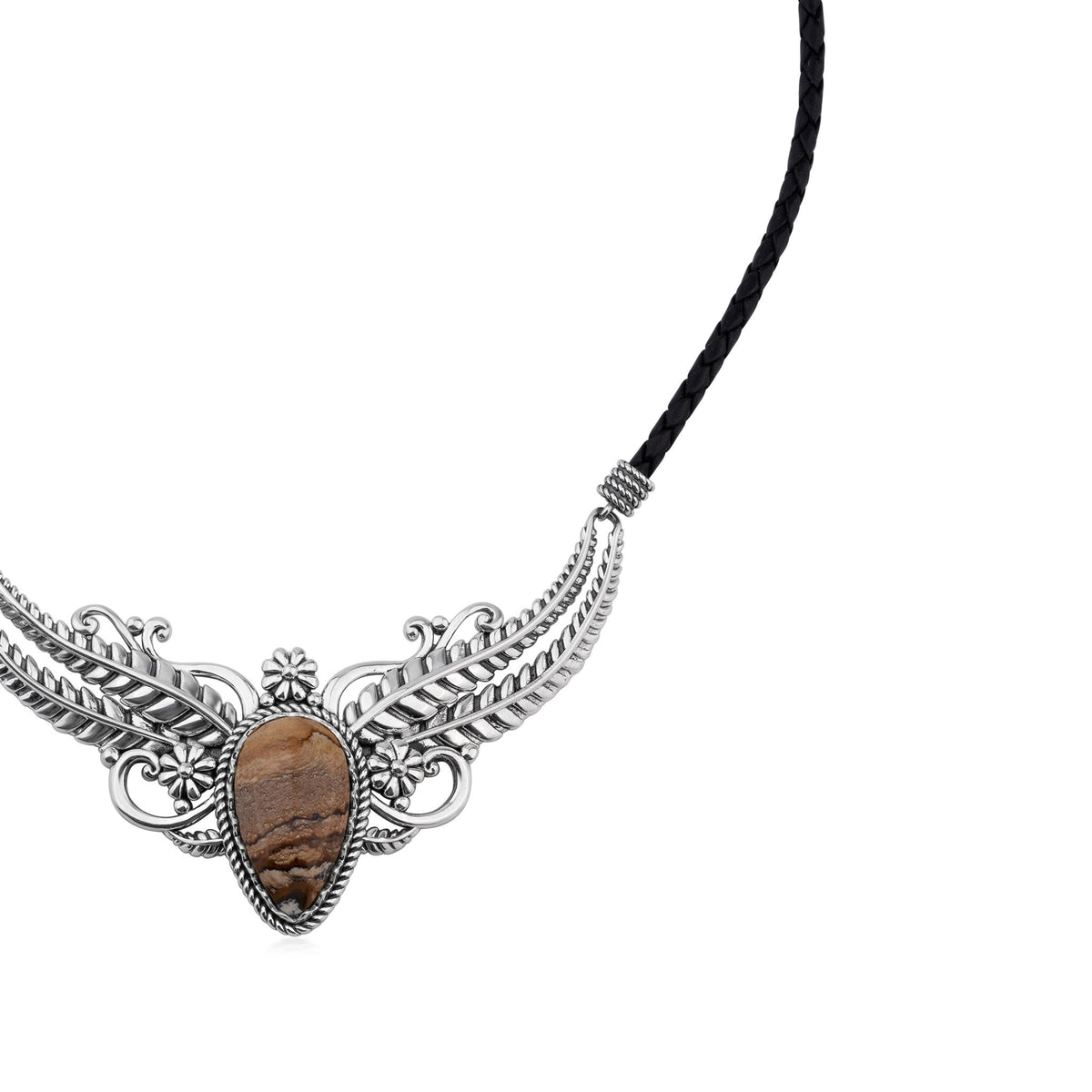 Sterling Silver Picture Jasper Vine and Leaf Leather Necklace, 17 to 20 Inches
