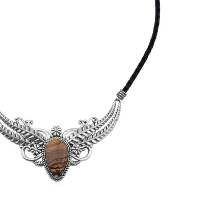 Sterling Silver Picture Jasper Vine and Leaf Leather Necklace, 17 to 20 Inches