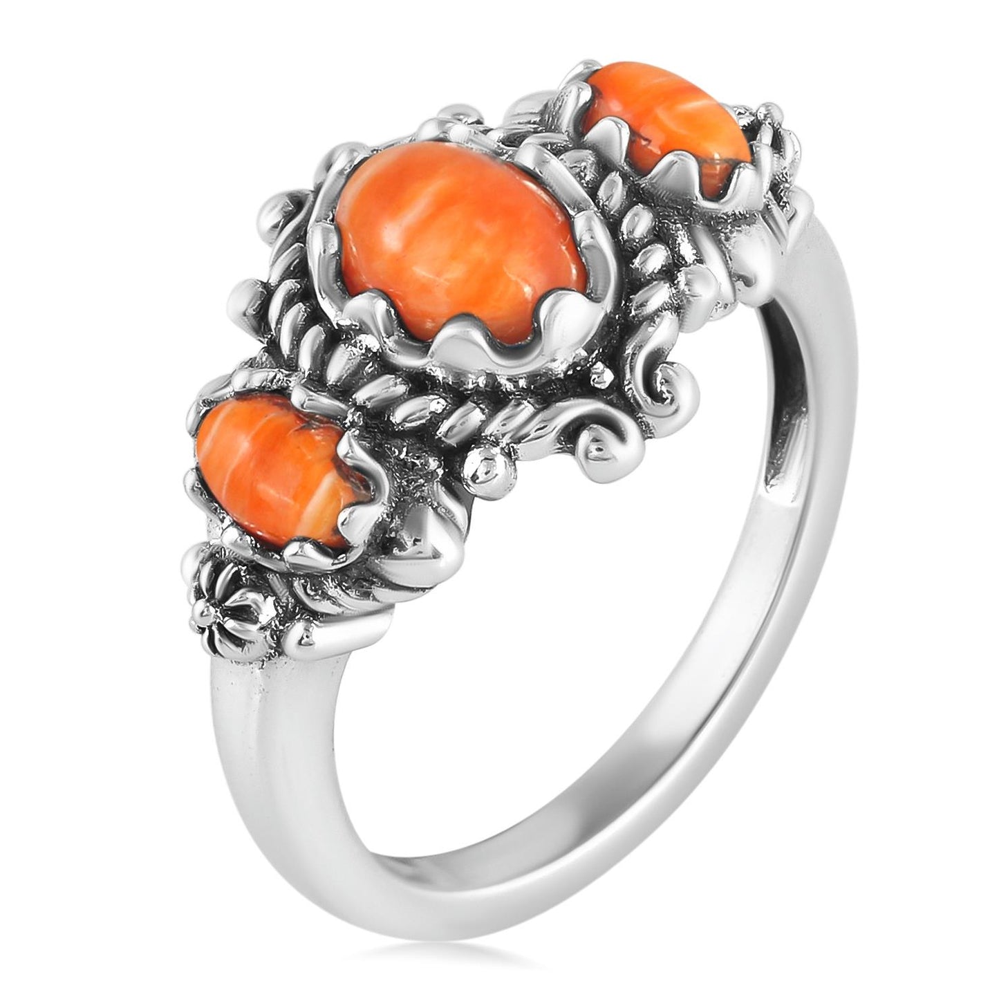 Sterling Silver Orange Spiny Oyster 3-Stone Oval Scalloped Bezel Ring, Sizes 5 to 10