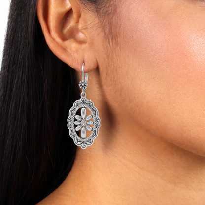 Sterling Silver Oval and Concha Lever Back Earrings