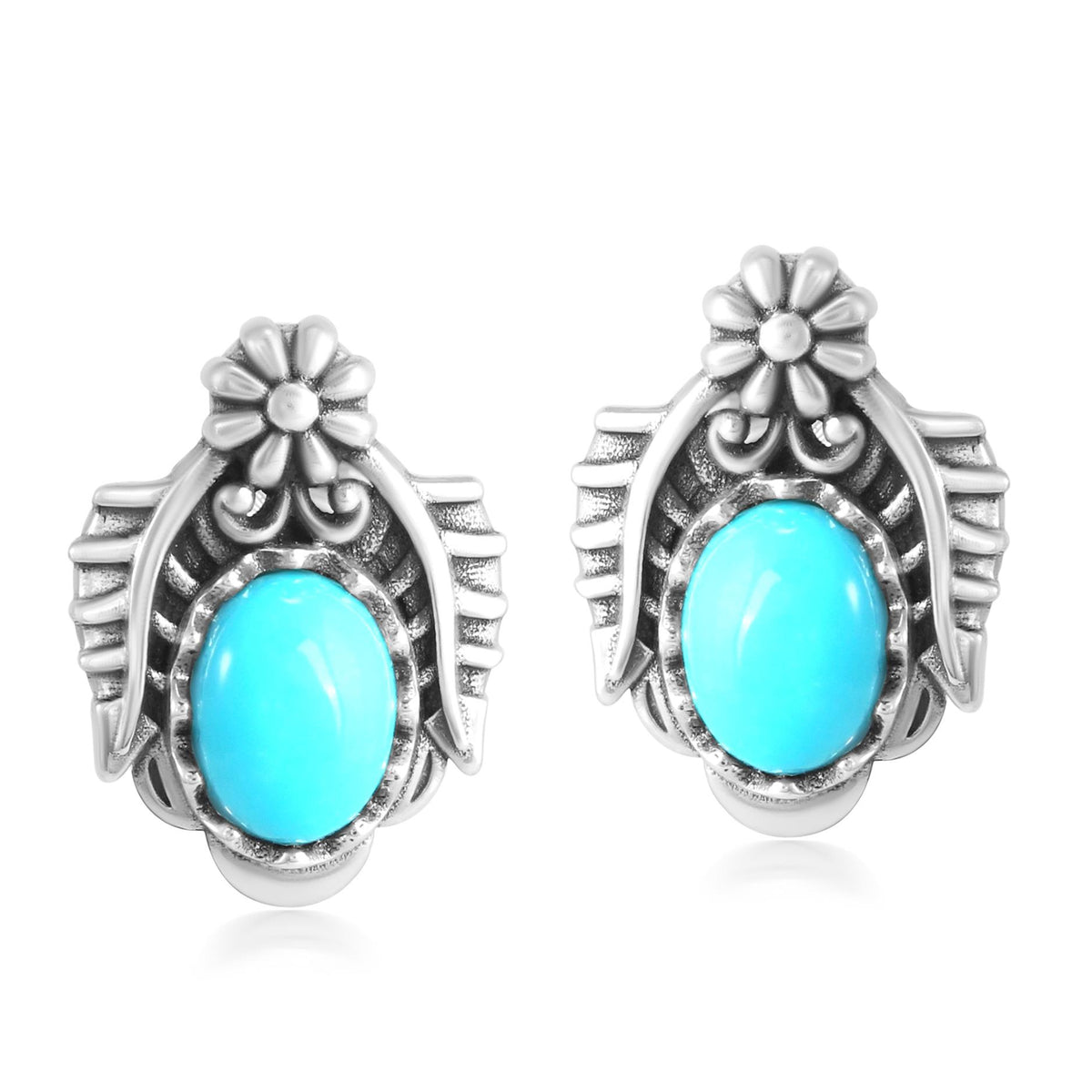 Sterling Silver Sleeping Beauty Turquoise Oval Concha and Leaf Stud Earrings