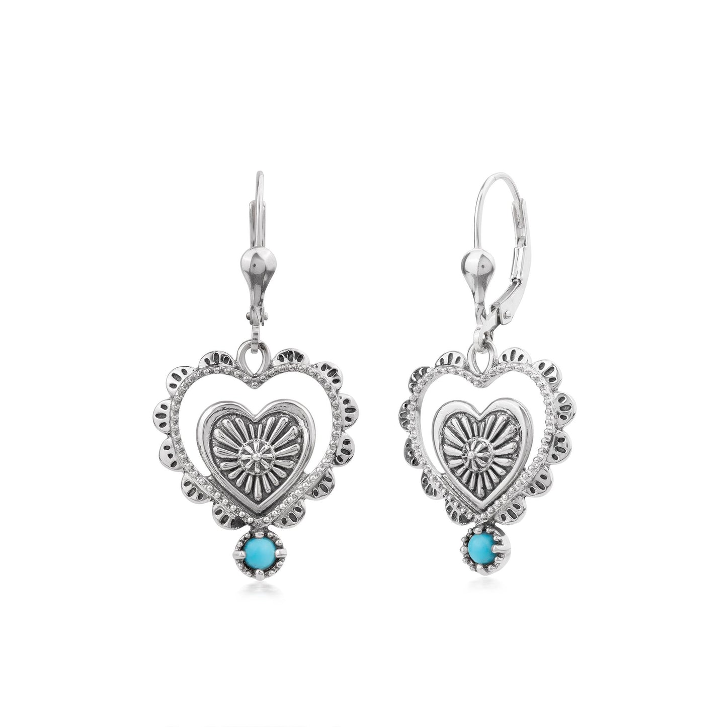 EXCLUSIVELY OURS! Sterling Silver Sleeping Beauty Turquoise Concha Heart Lever Back Earrings
