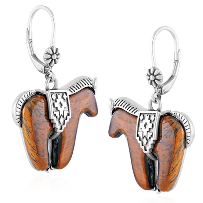 Sterling Silver Tiger's Eye Spirit Horse Lever Back Earrings