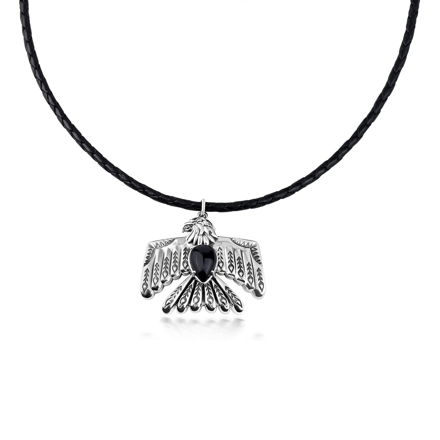 EXCLUSIVELY OURS! Sterling Silver Black Onyx Black Leather Thunderbird Pendant Necklace, 17 to 20 Inches