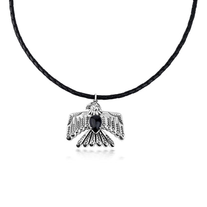 EXCLUSIVELY OURS! Sterling Silver Black Onyx Black Leather Thunderbird Pendant Necklace, 17 to 20 Inches