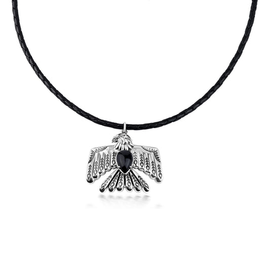 EXCLUSIVELY OURS! Sterling Silver Black Onyx Black Leather Thunderbird Pendant Necklace, 17 to 20 Inches