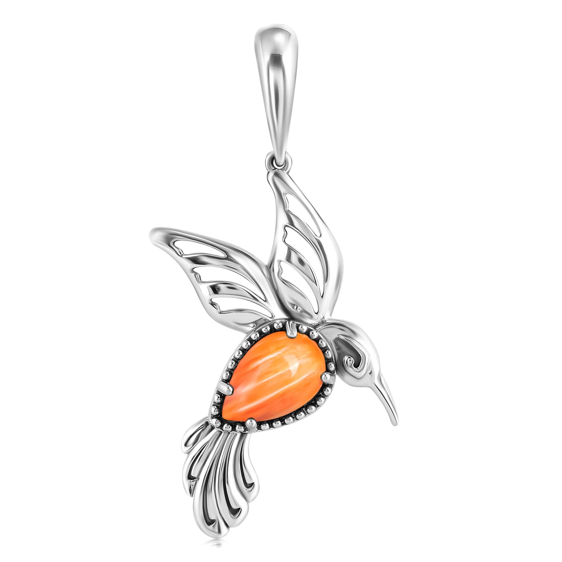 Sterling Silver Orange Spiny Oyster Hummingbird Pendant Enhancer