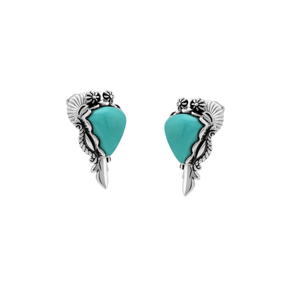 Sterling Silver Kingman Turquoise Pear Gemstone Squash Blossom Earrings 