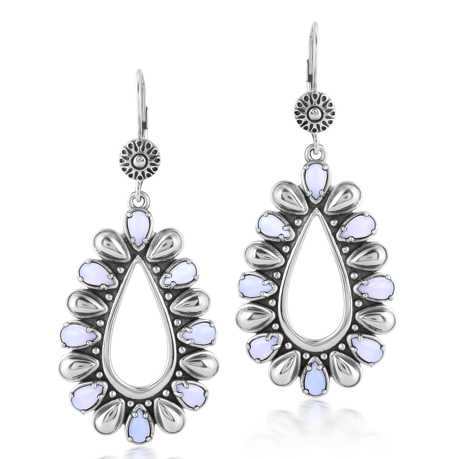 Sterling Silver Blue Lace Agate Open Teardrop Pear-Cut Dangle Earrings