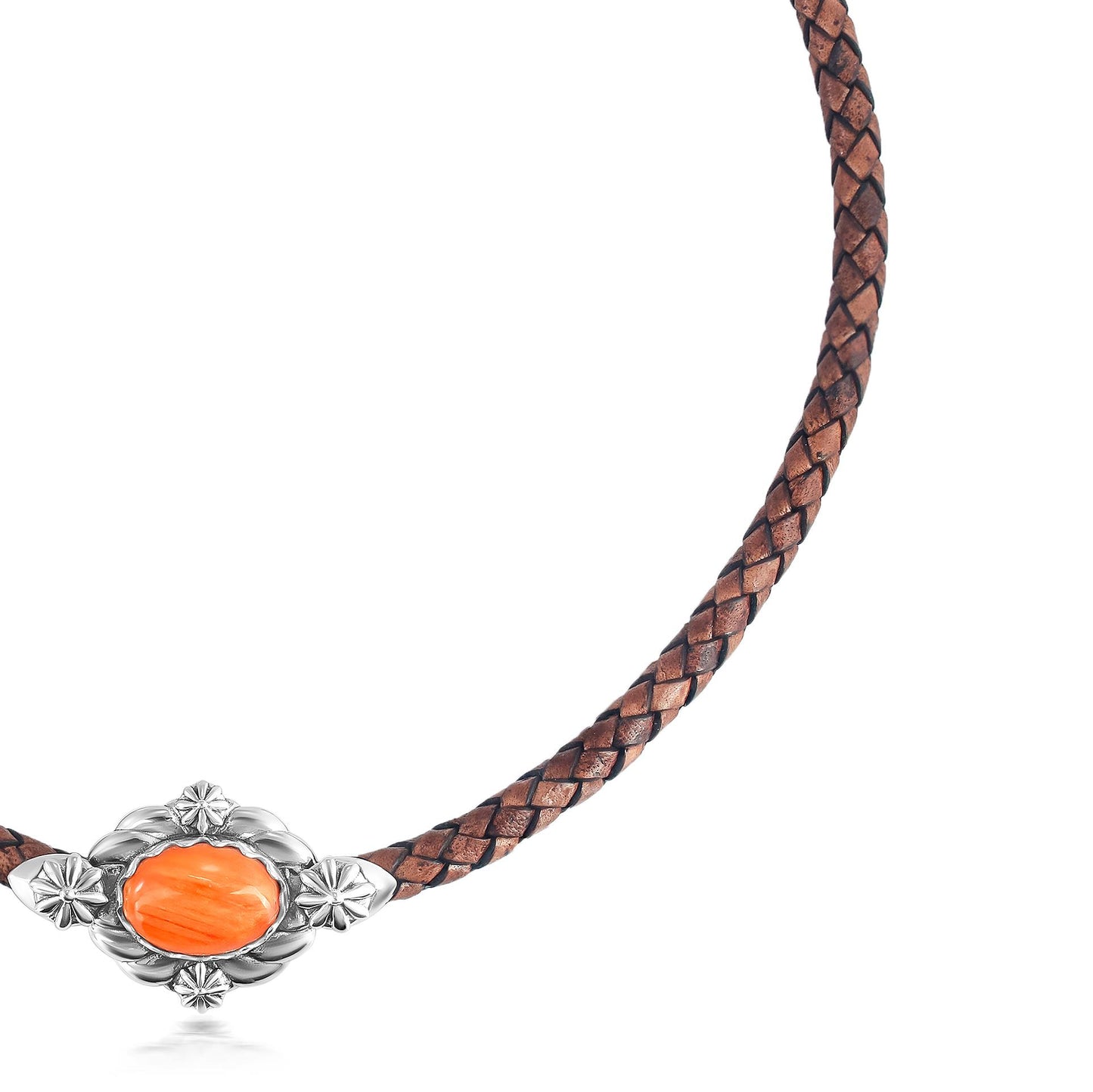 Sterling Silver Orange Spiny Oyster Antique Red-Brown Braided Leather Necklace, 17 to 20 Inches