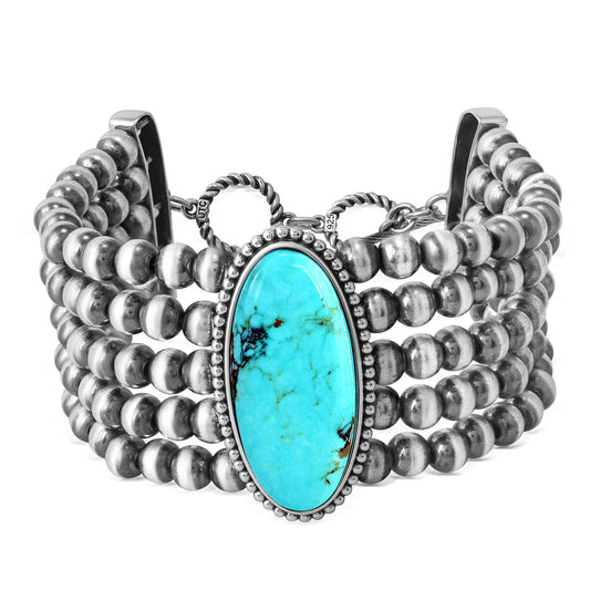 Sterling Silver Kingman Turquoise Oval Cut Triple Bead Toggle Bracelet, Sizes Small to Large