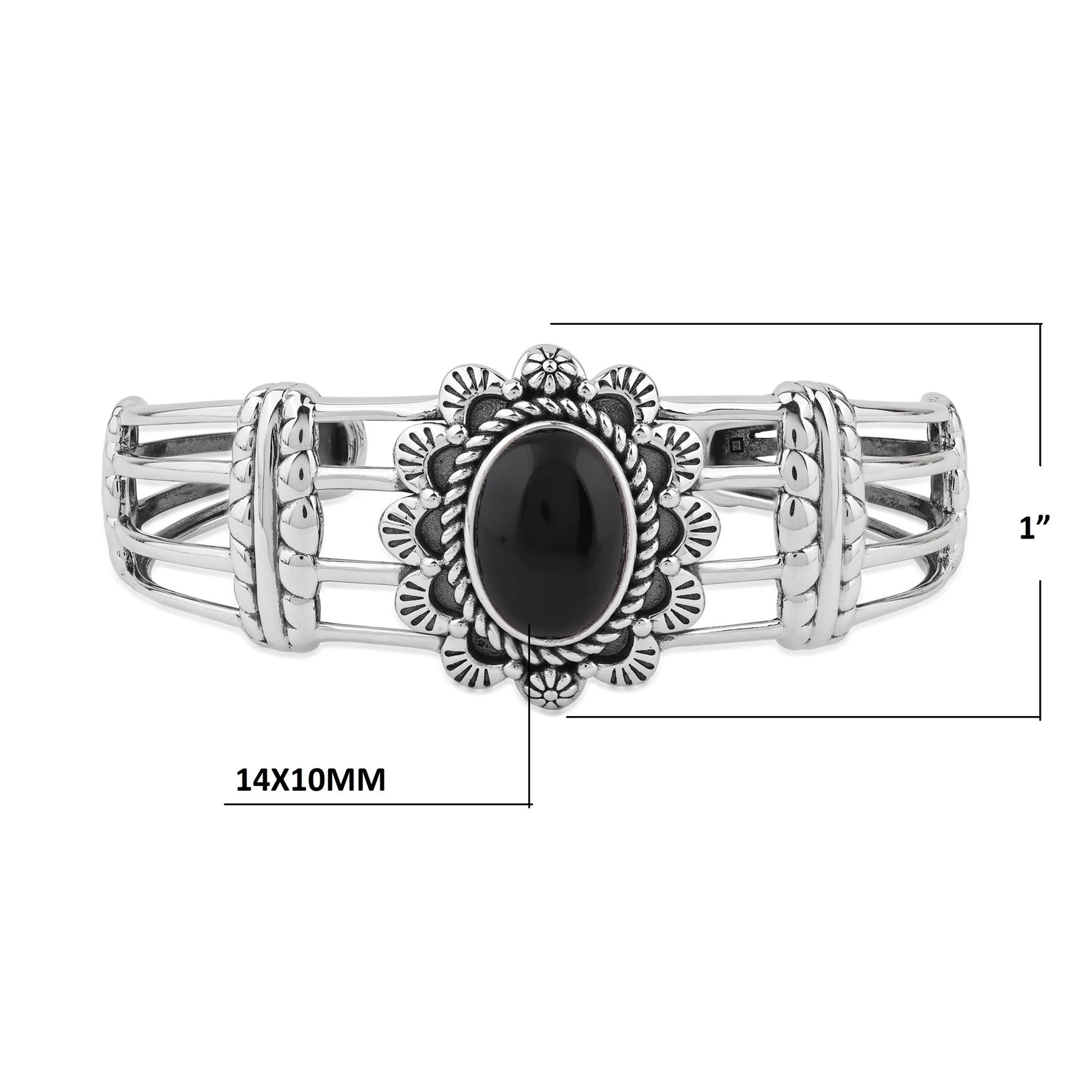  Sterling Silver Black Onyx Oval Scallop Open Cuff Bracelet