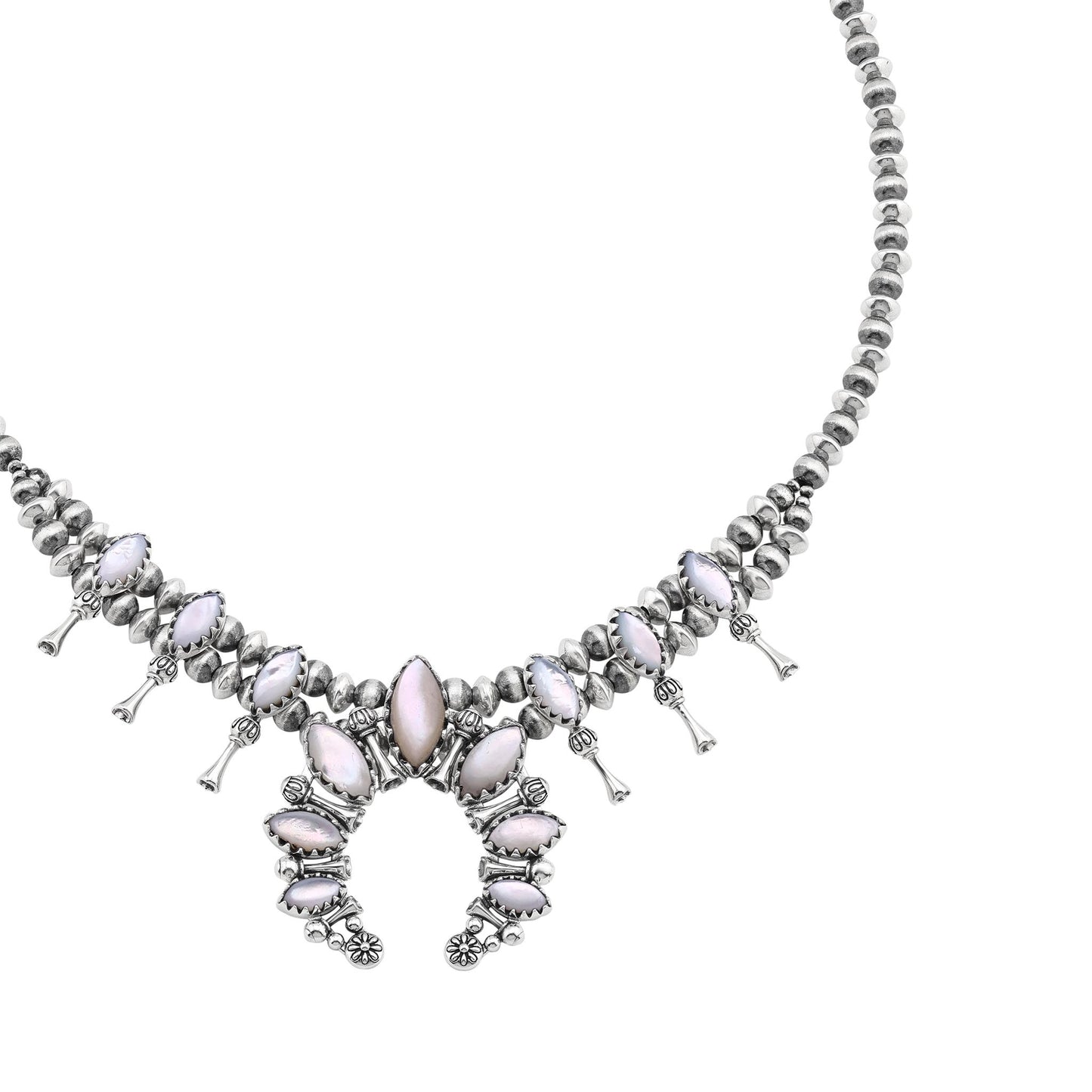  Sterling Silver White Mother of Pearl Marquise-Cut Squash Blossom Necklace 