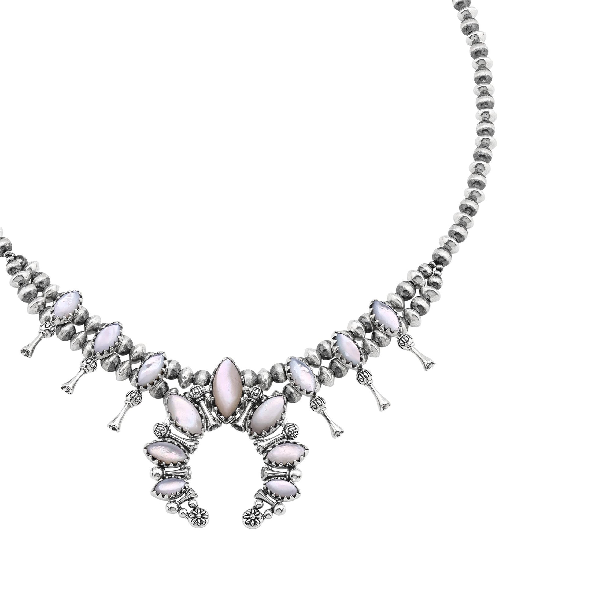  Sterling Silver White Mother of Pearl Marquise-Cut Squash Blossom Necklace 