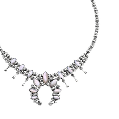  Sterling Silver White Mother of Pearl Marquise-Cut Squash Blossom Necklace 