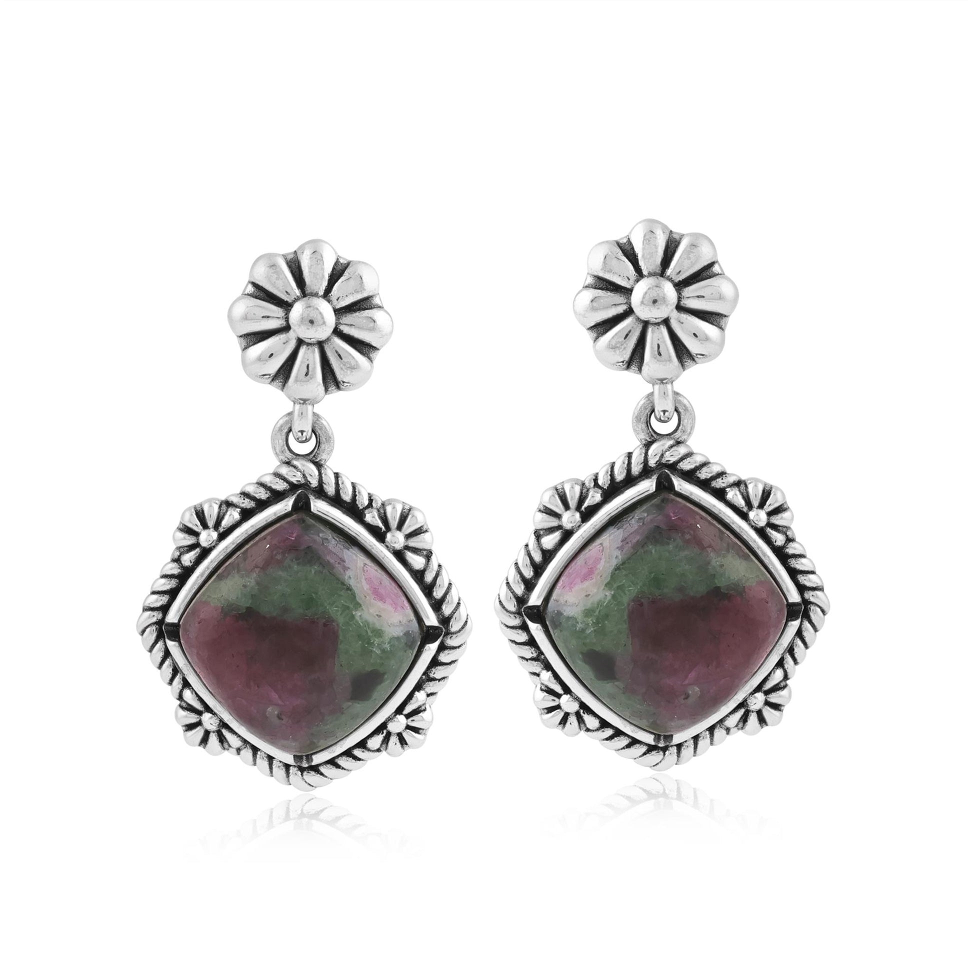 Sterling Silver Ruby Zoisite Cushion-Cut Concha Flower Post Earrings 