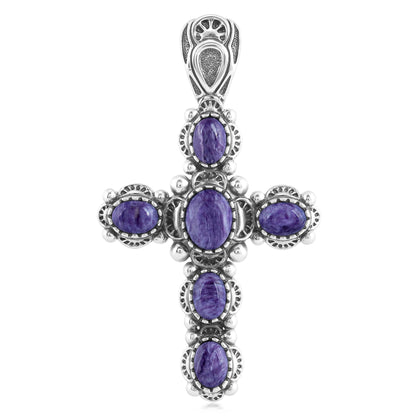 EXCLUSIVELY OURS! Sterling Silver Charoite Cross Design Pendant Enhancer