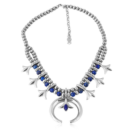 Sterling Silver Lapis Bead Squash Blossom Necklace