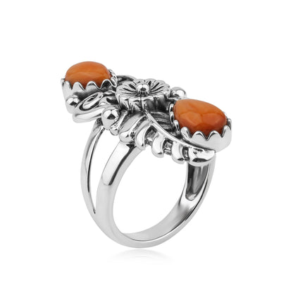 Sterling Silver Orange Spiny Oyster Pear-Cut Leaf and Flower Ring, Sizes 5 to 7