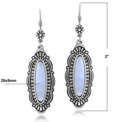 Sterling Silver Blue Lace Agate Elongated Oval Textured Lever Back Earrings 