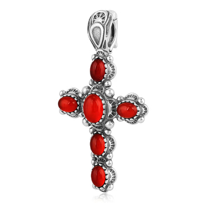 Sterling Silver Red Onyx Gemstone Cross Design Pendant Enhancer