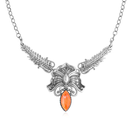 Sterling Silver Orange Spiny Oyster Cactus Flower Marquise Feather Necklace 