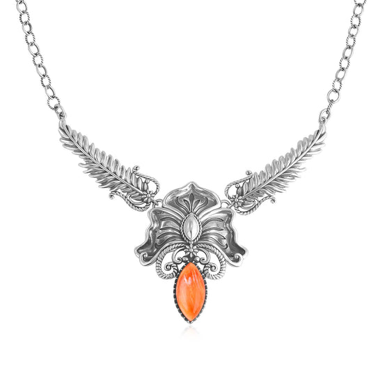 Sterling Silver Orange Spiny Oyster Cactus Flower Marquise Feather Necklace 