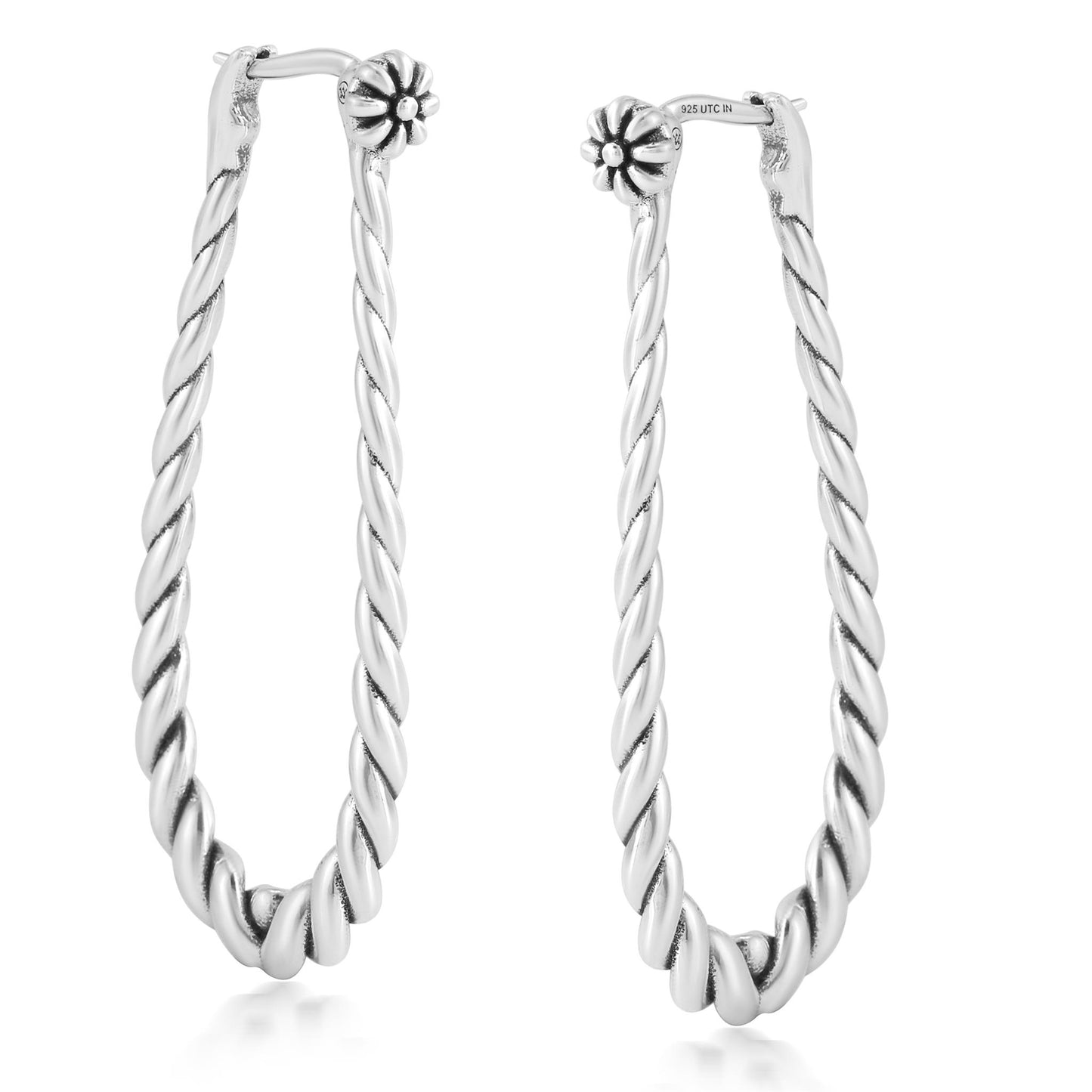 Sterling Silver Elongated Oval Rope Textured Hoop Earrings