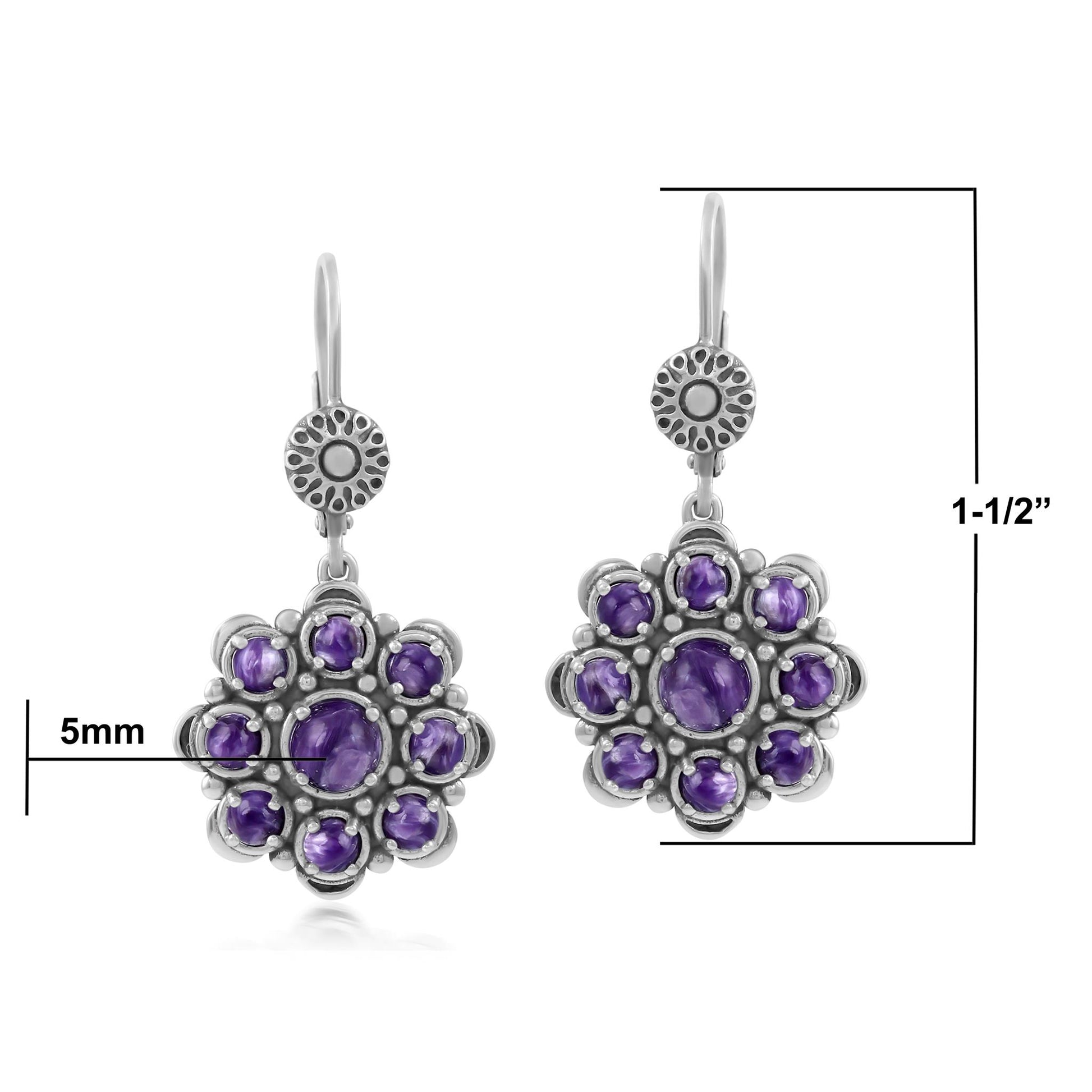 Sterling Silver Charoite Flower Cluster Earrings