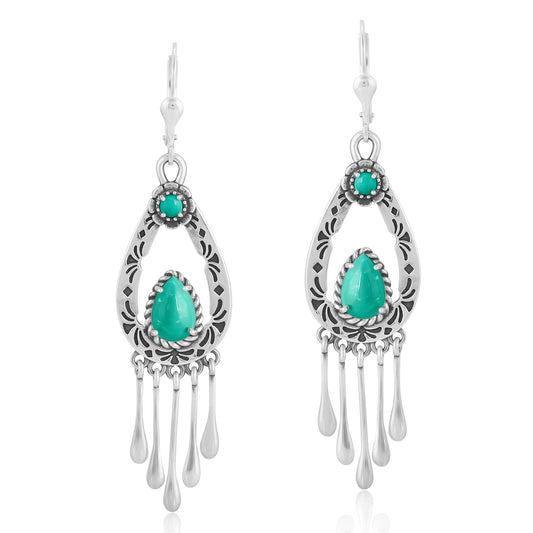 Sterling Silver Green Turquoise Pear-Cut Lever Back Dangle Earrings