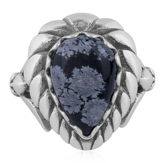 EXCLUSIVELY OURS! Sterling Silver Snowflake Obsidian Pear Cut Rope Ring, Sizes 5 to 11