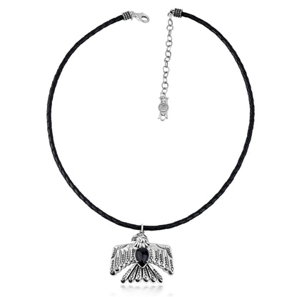 EXCLUSIVELY OURS! Sterling Silver Black Onyx Black Leather Thunderbird Pendant Necklace, 17 to 20 Inches