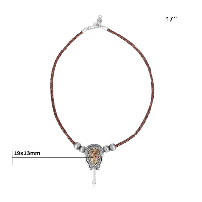 Sterling Silver Leopard Jasper Brown Leather Squash Blossom Necklace