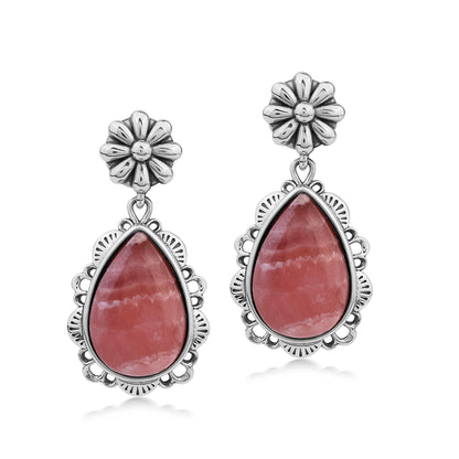  Sterling Silver Rhodochrosite Pear-Cut Concha Dangle Earrings