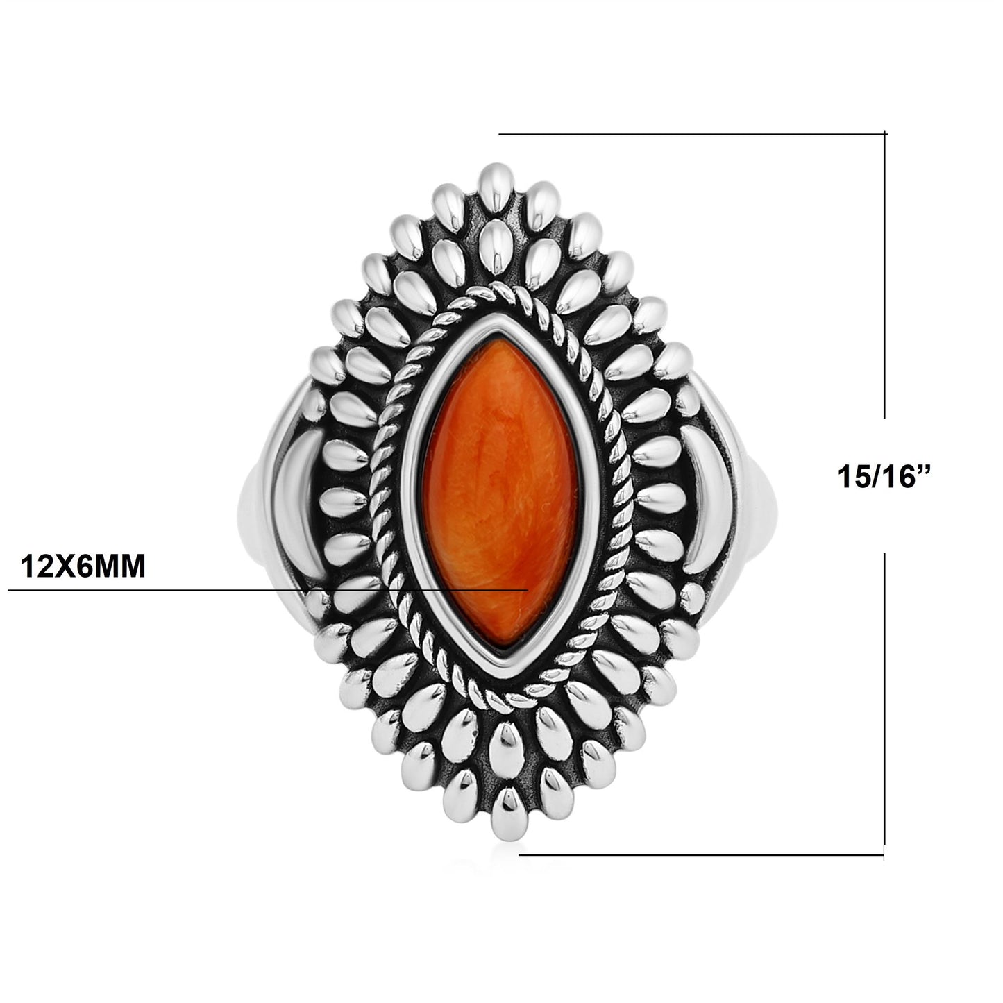 Sterling Silver Orange Spiny Oyster Marquise Cut Rope and Bead Ring
