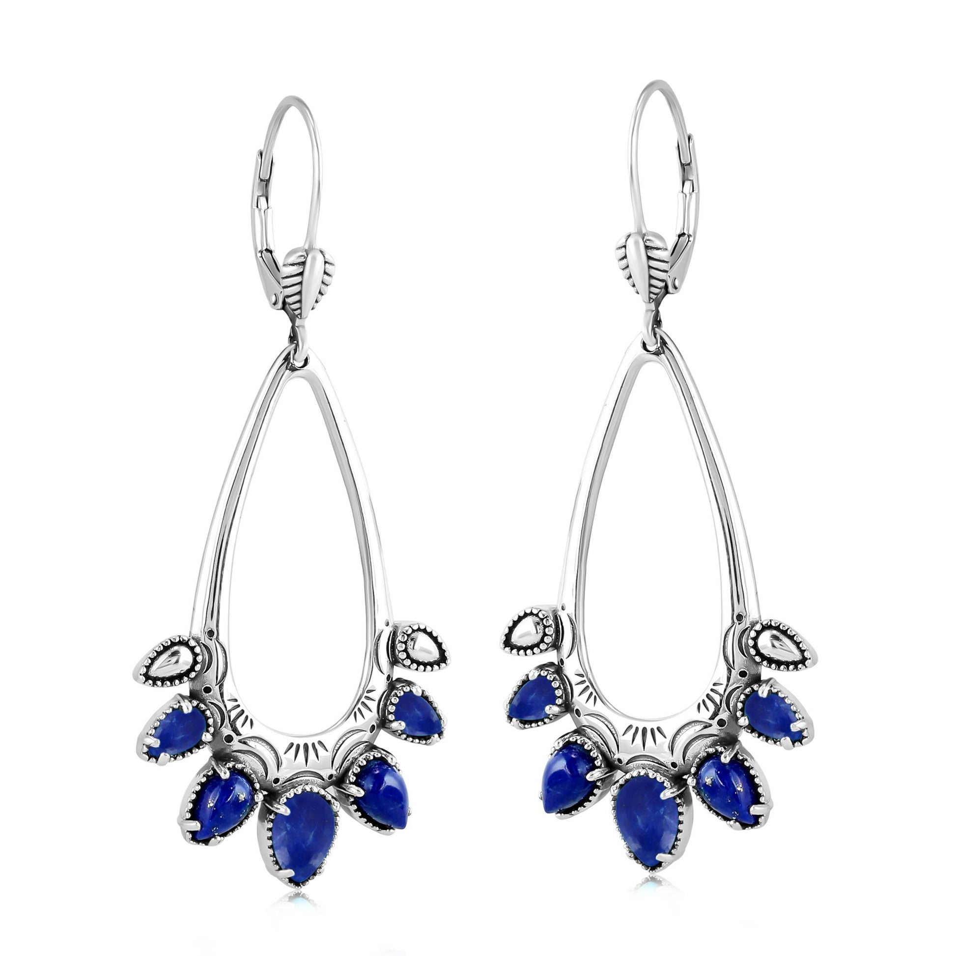 Sterling Silver Lapis Open Pear Gemstone Lever Back Earrings