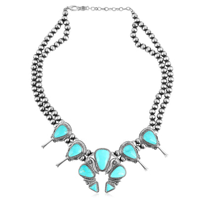 EXCLUSIVELY OURS! Sterling Silver Kingman Turquoise Large Naja Squash Blossom Necklace, 21 to 24 Inches