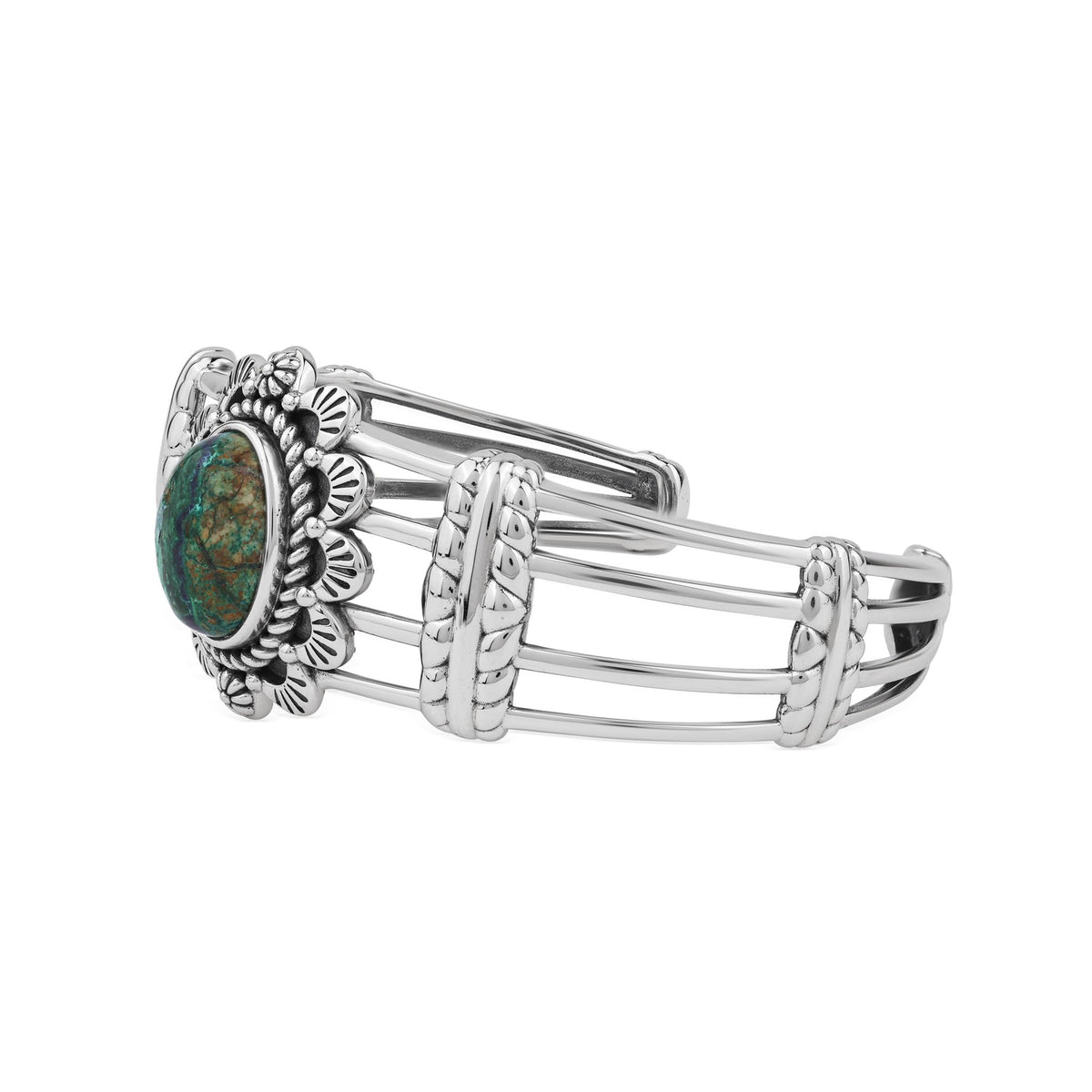 Sterling Silver Azurite Oval Scallop Open Cuff Bracelet, Sizes Small to Large