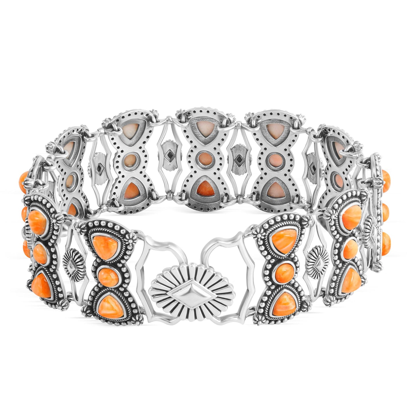 Sterling Silver Orange Spiny Oyster Round and Trillion Cut Link Bracelet, Sizes Small to Large