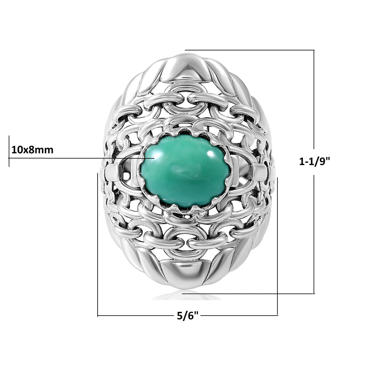 Sterling Silver Green Turquoise Stirrup Chain Ring, Sizes 5 to 11