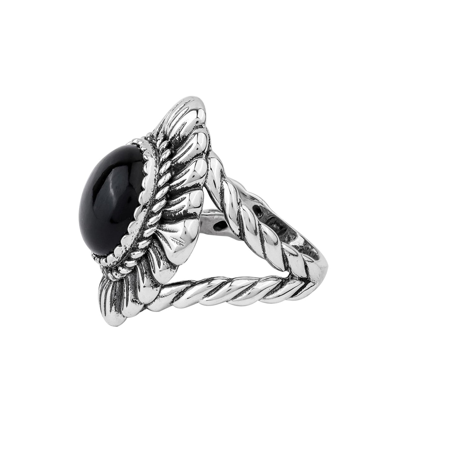 Sterling Silver Black Agate Oval-Cut Rope Scallop Design Ring