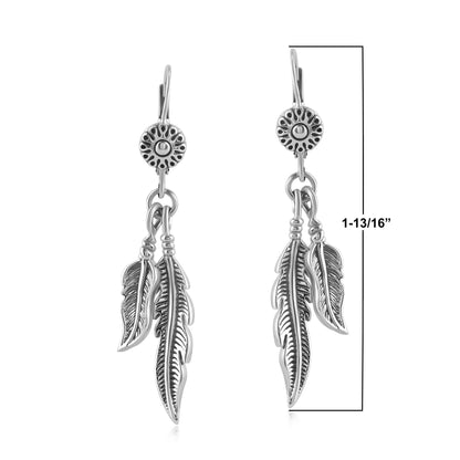 Sterling Silver Double Feather Lever Back Earrings