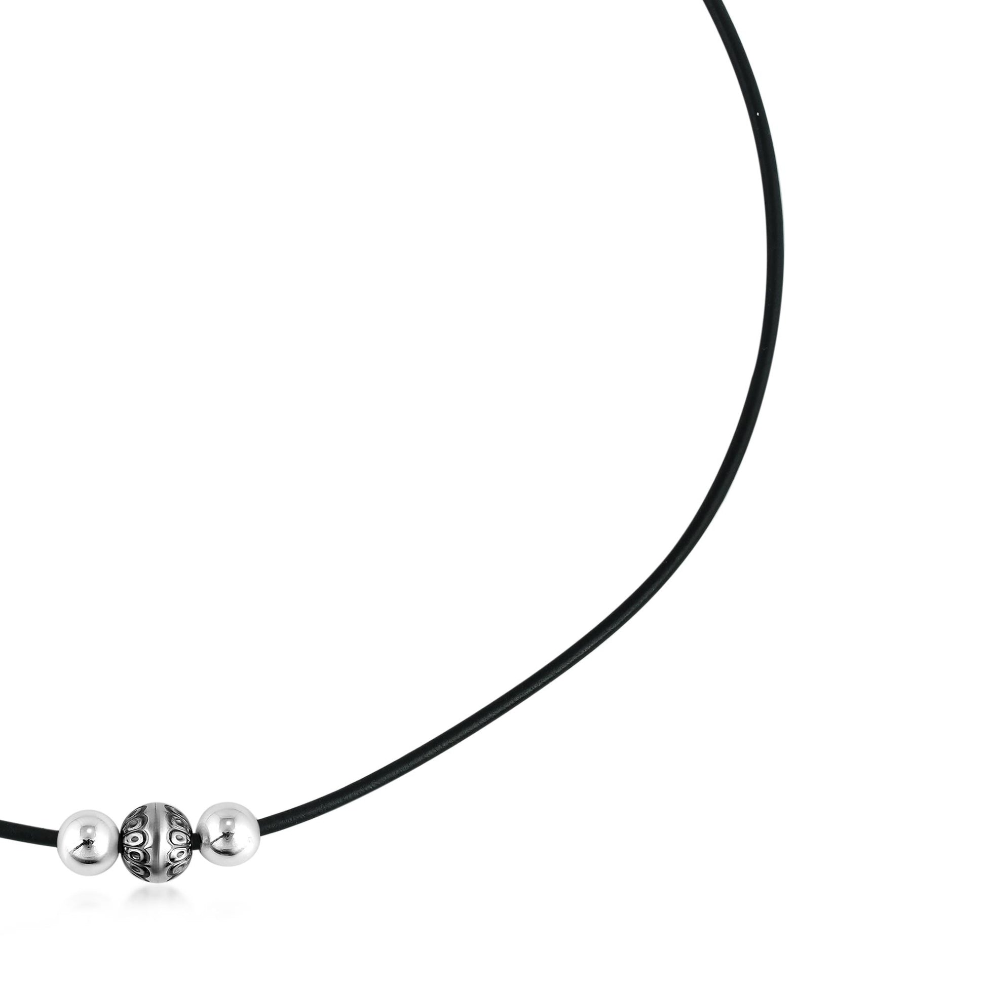 Sterling Silver Black Leather 3 Bead Necklace