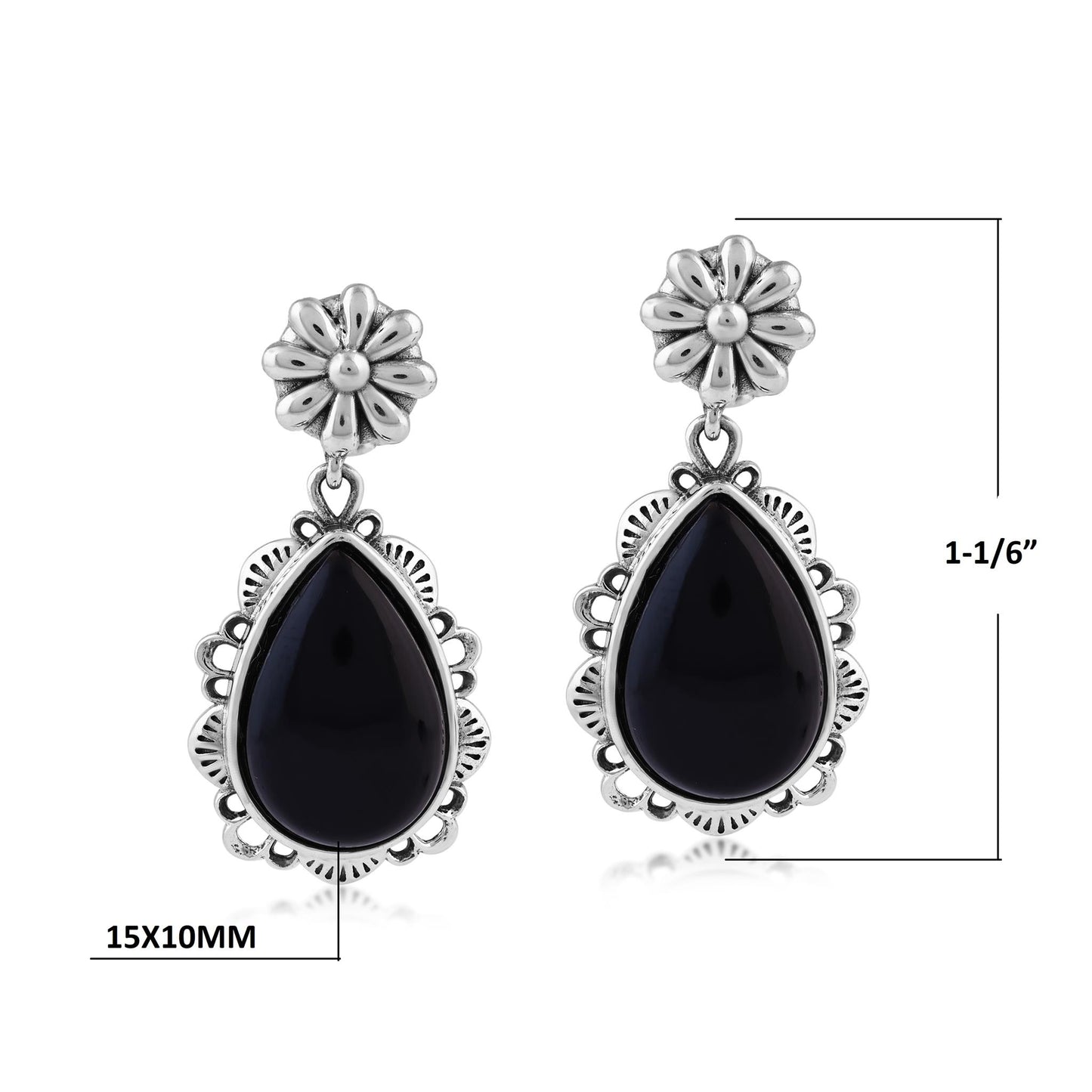  Sterling Silver Black Onyx Pear-Cut Concha Dangle Earrings
