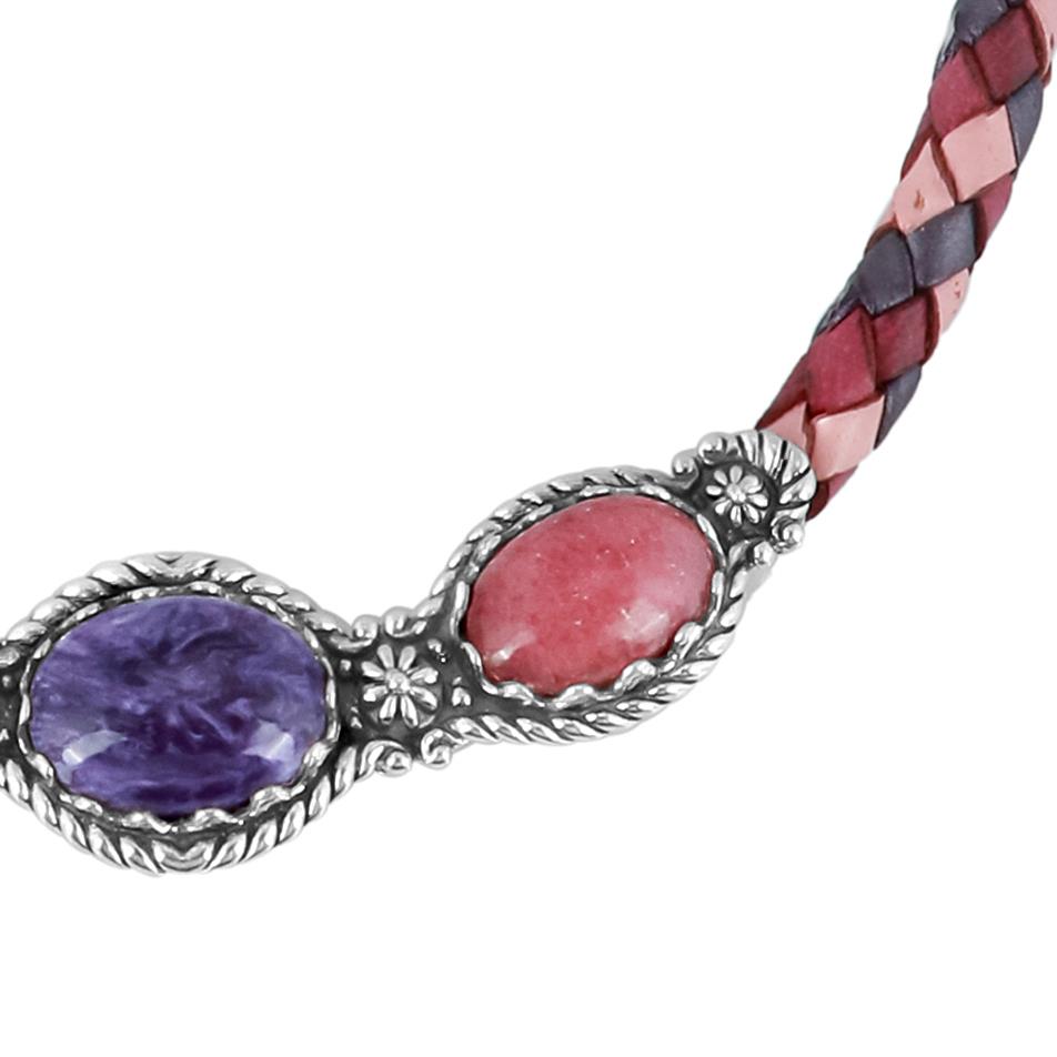 Sterling Silver Charoite and Rhodonite Pink Tonal Braided Leather 3-Stone Necklace